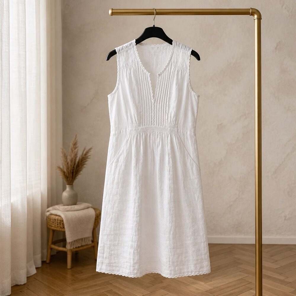 White Linen Sleeveless Pleated Scalloped Trim Dress #511